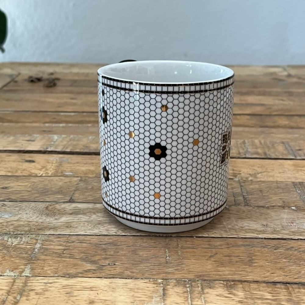 Anthropologie Bistro Tile Ceramic Mug "S" Black & Gold Honeycomb Mosaic - Picture 3 of 9